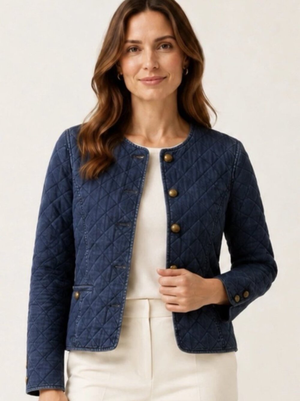 Lauren Ralph Lauren Womens Quilted Denim Jacket L Brass Snaps Chore Coat Preppy